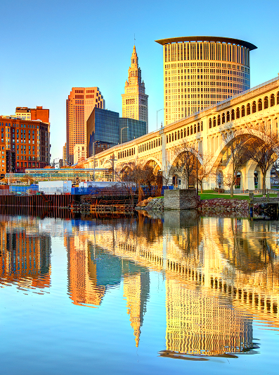 Cleveland, Ohio skyline with the Cuyahoga River in the foreground